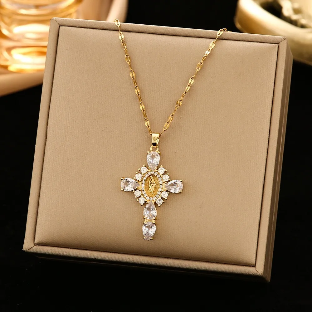 Diamond  Cross Pendant Necklace Stainless Steel Water Ripple Necklace Ladies Light Luxury Clavicle Chain Jewelry Girl Gifts