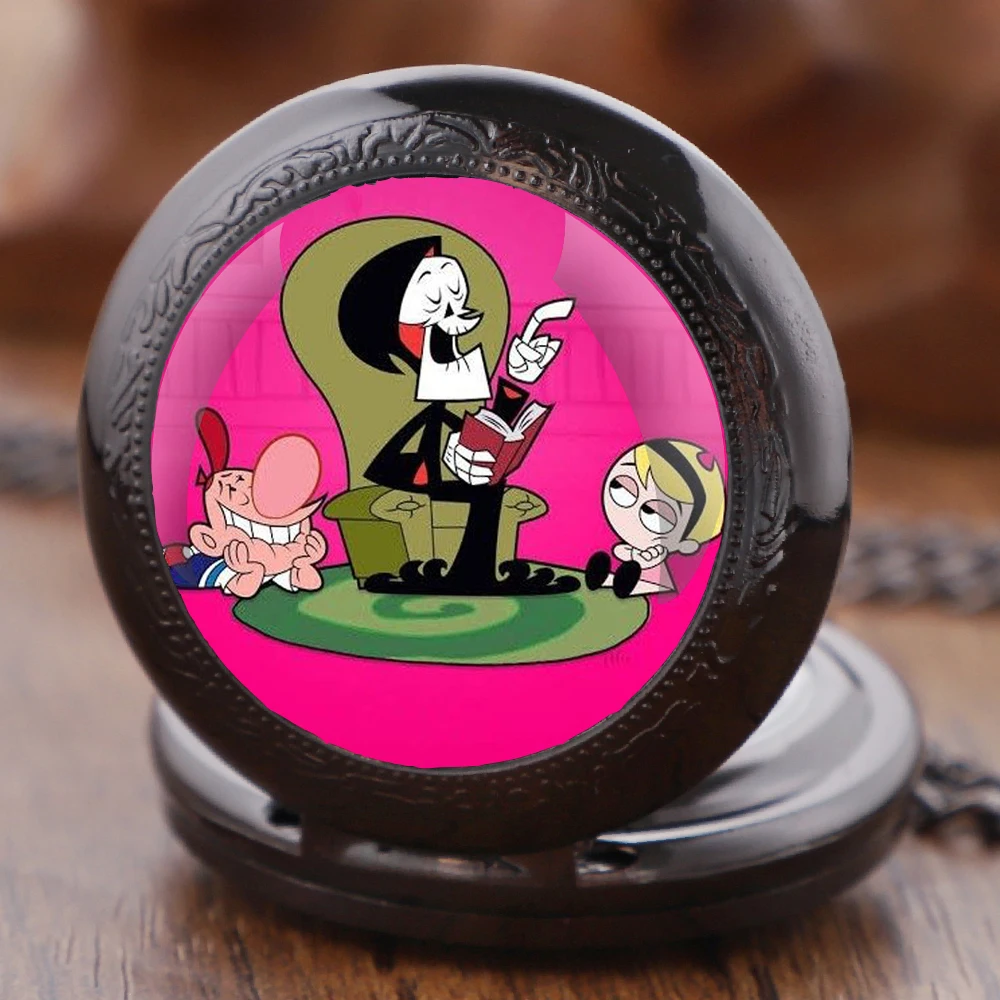 Cartoon Billy e Mandy Glass Dome Quartz Pocket Watch With Durable Chain Arabic Numeral Dial Halloween Gifts for Men Women Kids