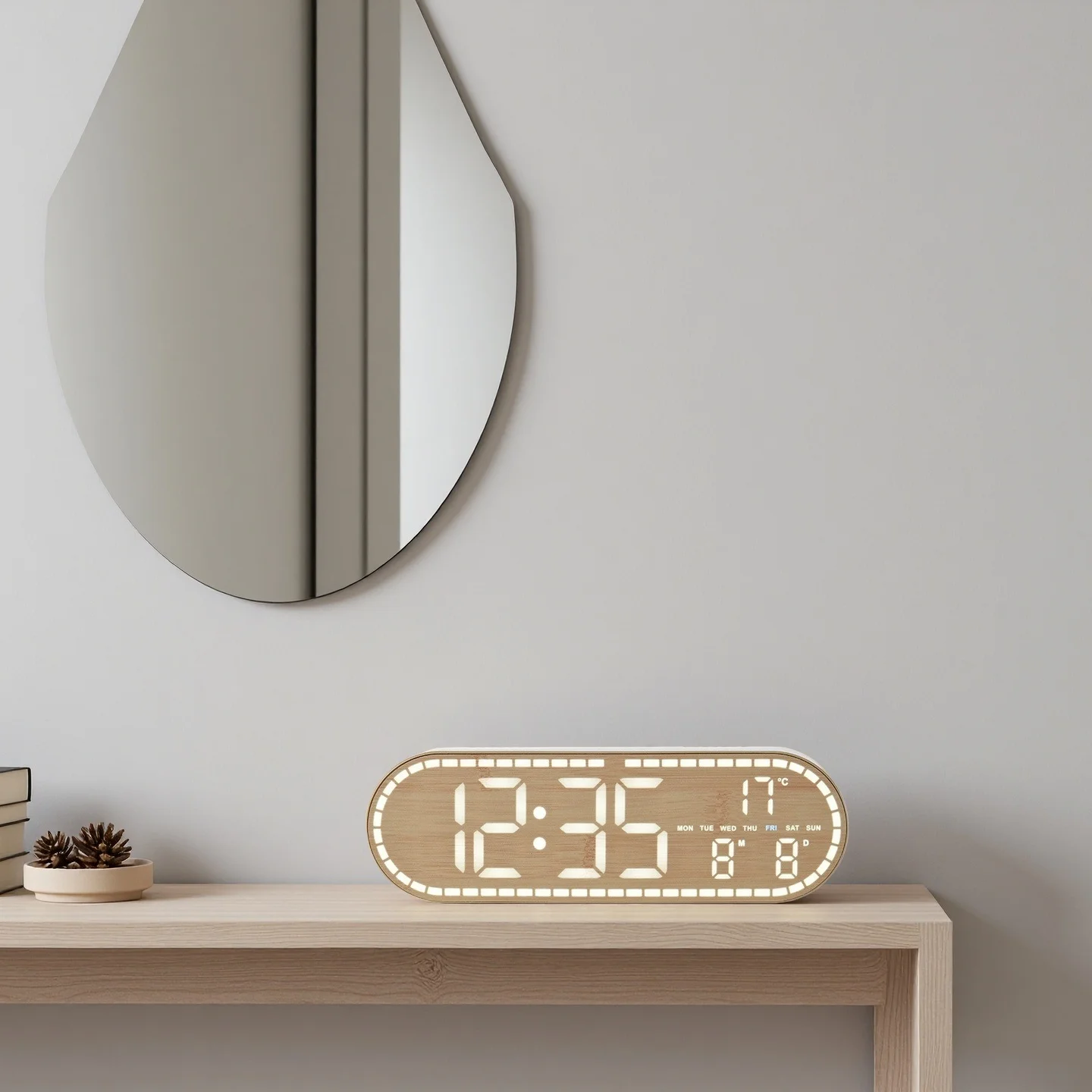 USB-Betriebene Digitale Wanduhr mit Temperatur-, Wochen- und Datumsanzeige, Doppelalarm, 4 Helligkeitsstufen, Timer, Schlummerfunktion, Tischuhr, 12/24-Stunden-LED-Uhr – Detail 5