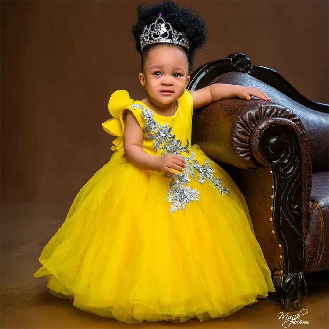 Yellow Flower Girl Dresses Jewel Flowergirl Dress Girls Birthday Party Dress Rhinestones Tiered Tulle Queen Princess Gowns