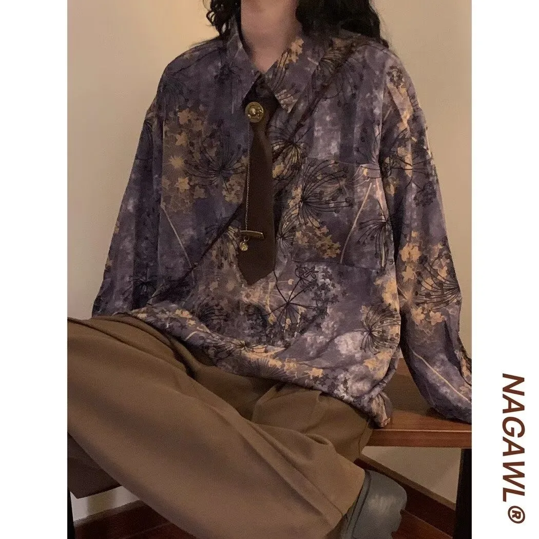 Purple Long Sleeve Shirt Women's Fashion Urban Style Printed Dandelion American Retro New Chinese Style Top Trendy Spring Autumn