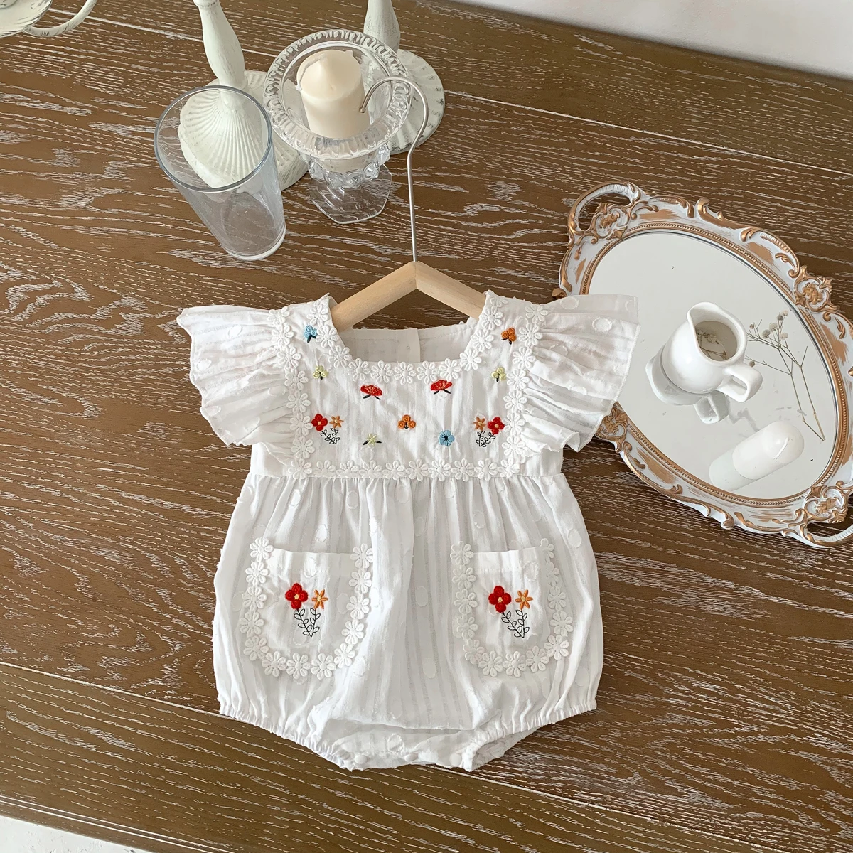 0-2 Years Old Summer Baby Romper for Girls Embroidery Flowers Short Sleeve Newborn Jumpsuit Infant Bodysuit