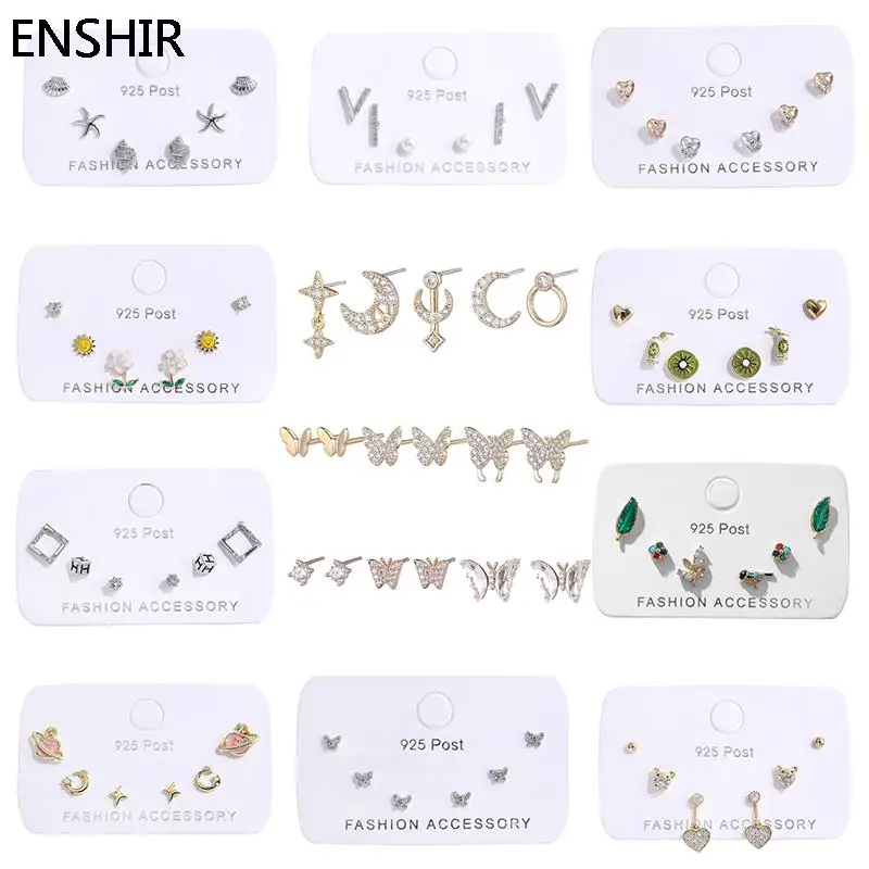 ENSHIR 6 Piece Set Mini Zircon Moon Star Love Heart Animal Studs Earrings For Women Piercing Earring Jewelry Wholesale