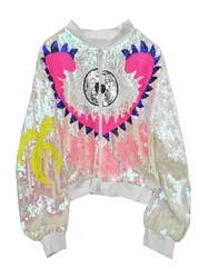 CHIC Ins Streetwear Punk Cartoon Eye Bling Sequined Women Jacket Hip Hop Girl Colorful Baseball Bomber Zipper Top Show Outerwear