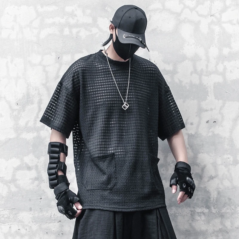 Techwear Black T-Shirt Men 2023 Summer Mesh Hollowed out T-shirt Short Sleeve Tshirts Hip Hop Streetwear Cotton Tops Tees