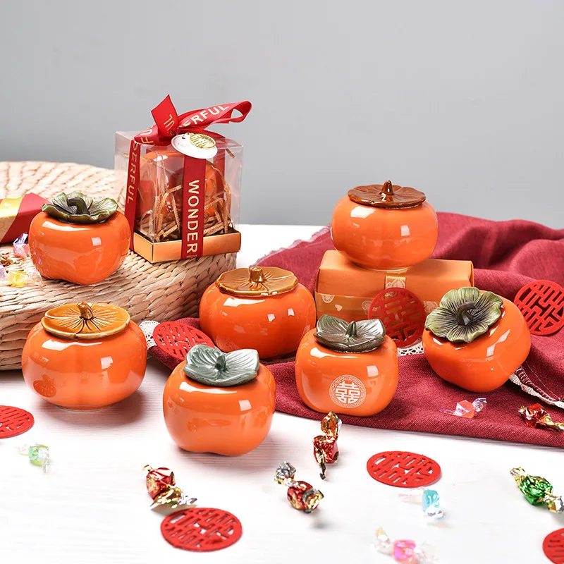 

Creative Chinese Happy Candy Ceramic Cans Mini Small Sealed Cans Tea Cans Persimmon Tea Cans Red Sealed Cans tea container