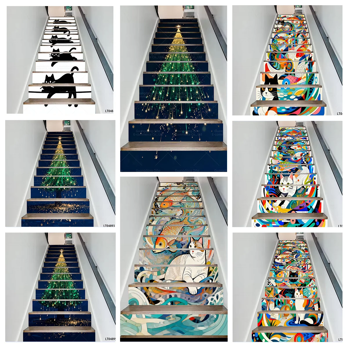 

Cartoon Black Cat, Glowing Christmas Tree, Art Cat Koi Fish PVC Stair Stickers, Waterproof Wear-Resistant Home Decorative Decals