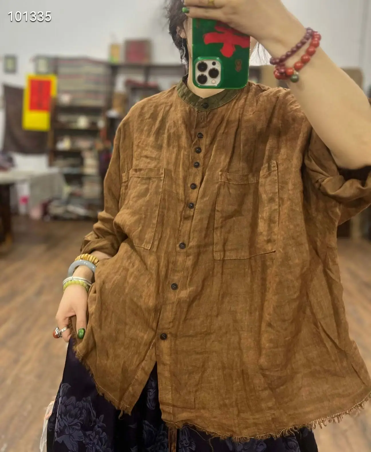 

Spring Pure Linen Small Stand Collar irt Color Woven Retro Sle Women's Comfortable Breathable Long Sve Casual Top