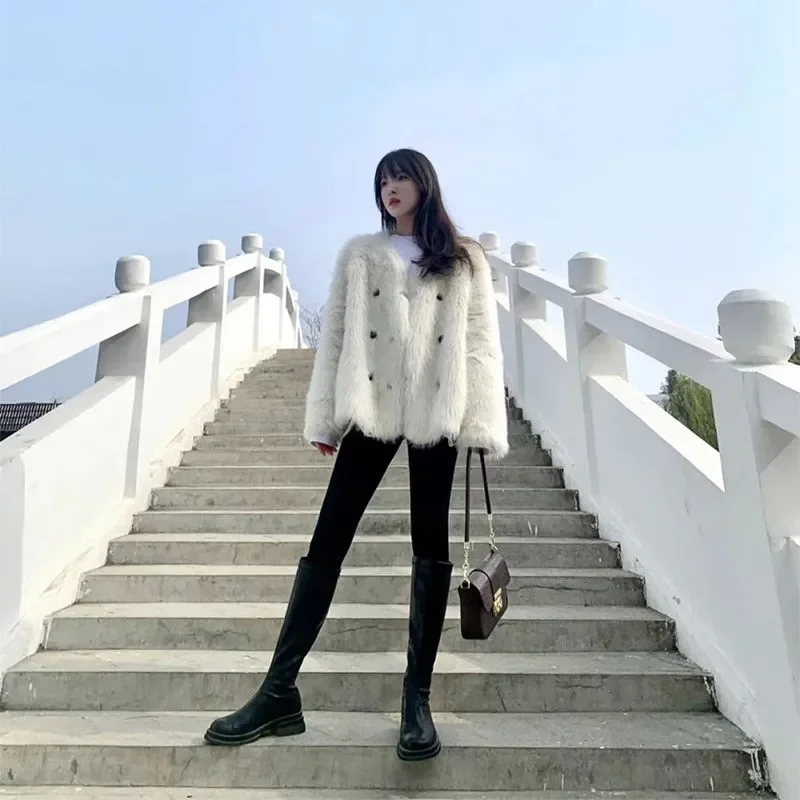Abrigo de piel de visón con cuello en V para mujer, chaqueta de piel de imitación, respetuoso con el medio ambiente, elegante, cálido, gabardina,