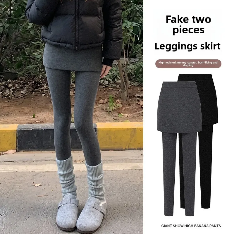 Fake two-piece leggings for women wearing outside, autumn and winter new high waisted bag with fleece one-piece tight pants