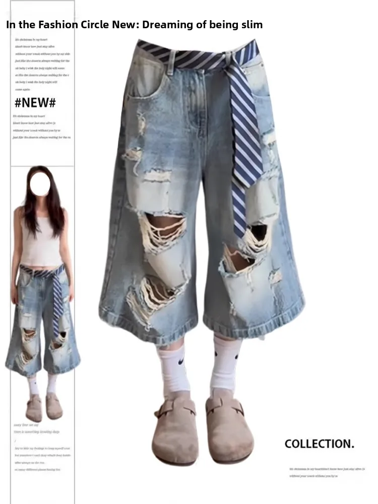 

Retro American Style plus Size Denim Jeans Women High Waist Wide Leg Seven-Footened Slimming Hole Punching Summer New