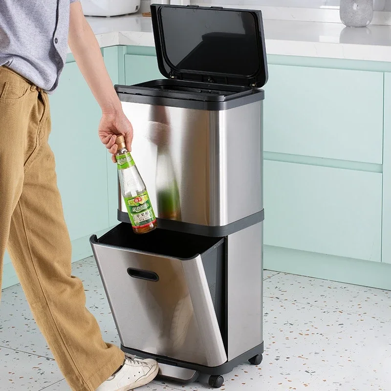 

trash can with universal wheel household alloy high-end kitchen classification foot pedal no-bending sanitary bucket