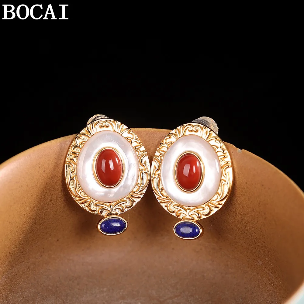 BOCAI NEW S925 Silver Fashionable And Luxurious Gold-plated Inlaid Egg Face In Southern Red Shell Earring