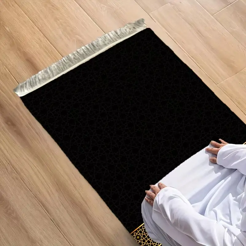 VIKAMA Black Gold Islamic Geometric Sejadah Prayer Mat Fringed Foldable Portable Alfombra Muslim Salat Worship Rug