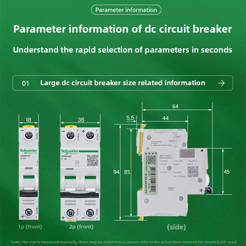 Schneider DC Circuit Breaker IC65N-DC 1P 2P Air Switch C65N-DC C10A 16A 20A 63A Ideal for Circuit Protection Stable Performance