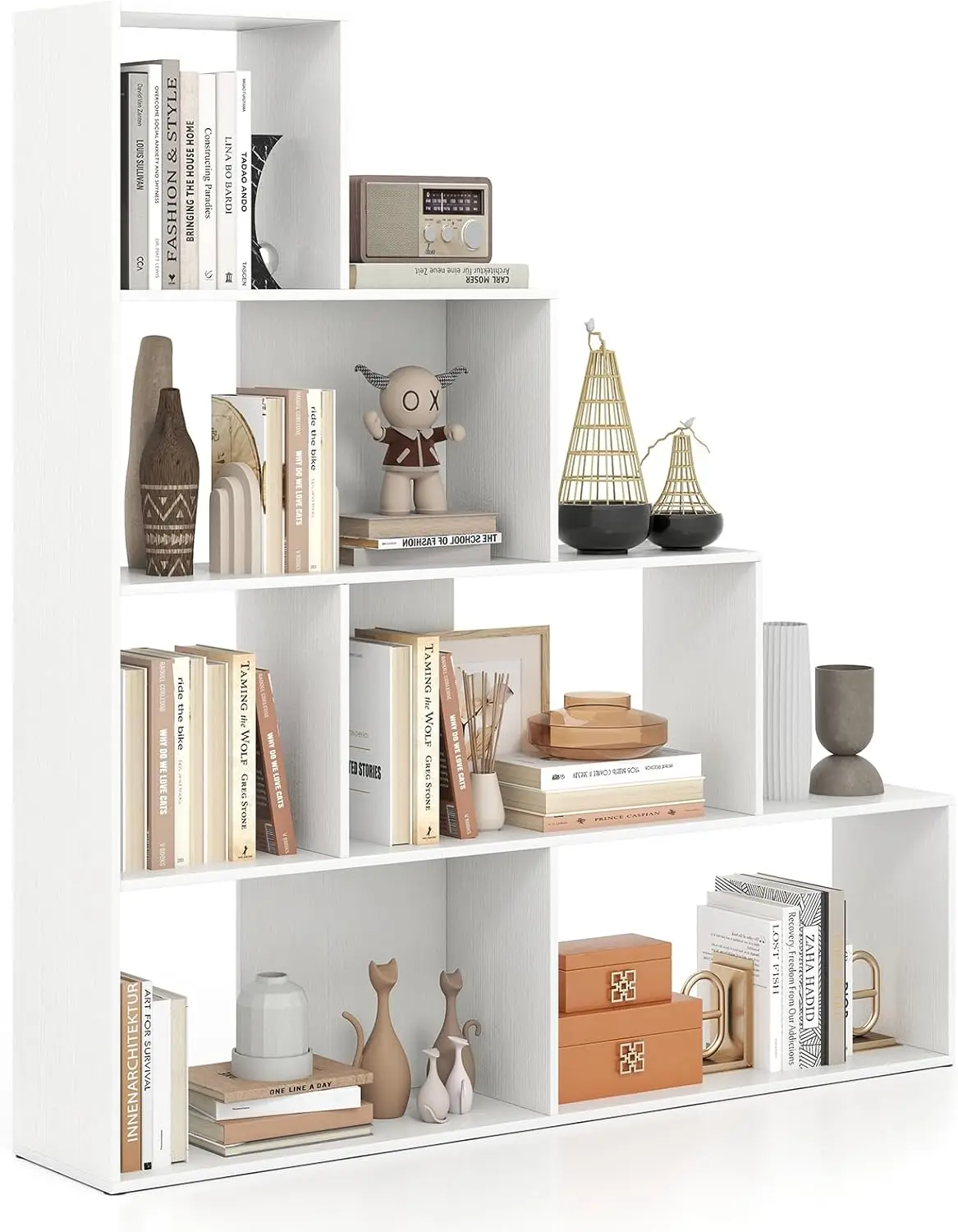 

4-Tier Stepped Bookshelf, Freestanding 6 Cubes Ladder Bookcase with Anti-Tipping Kits, 64" Tall Modern Wooden Storage Di