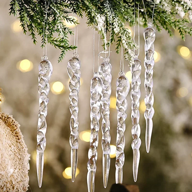 2/12pcs Simulation Acrylic Snowflake Pendants Transparent Ice Drop Icicle Christmas Tree Hanging Ornaments Home Gift Decorations