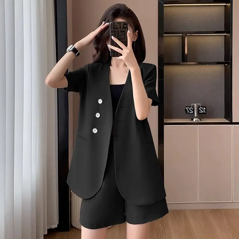 Women\'s 2024 Summer New Fashion Casual Short-sleeve Suit Jacket Shorts Two Piece Korean Elegant Loose Blazers Pants Macthing Set