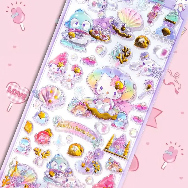 Sanrio 헬로 키티 Hangyodon 오션 테마 릴리프 스티커 환상적인 보석 3d 쉘 물고기 장식 스티커 어린이 장난감 선물