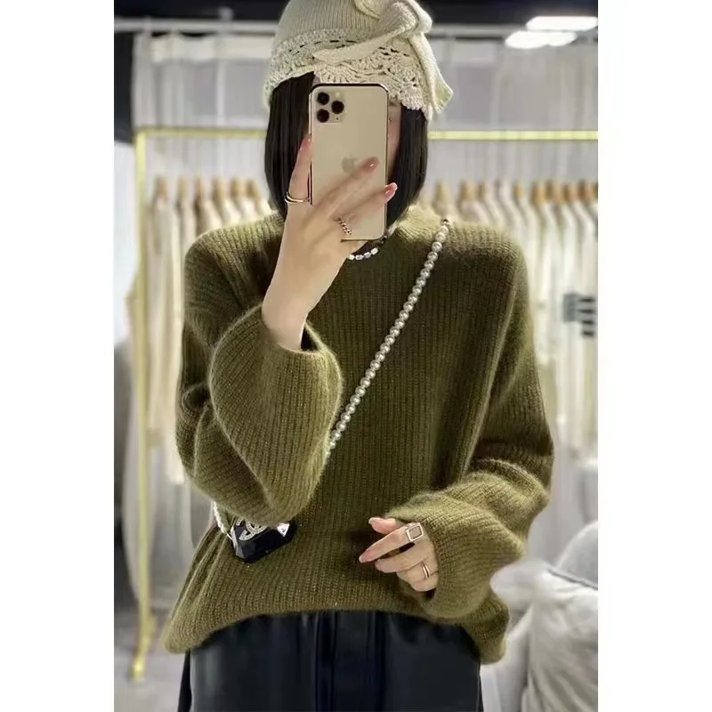 Round neck lantern sleeve knitted cashmere sweater women autumn winter Korean version lazy loose wool sweater pullover sweater