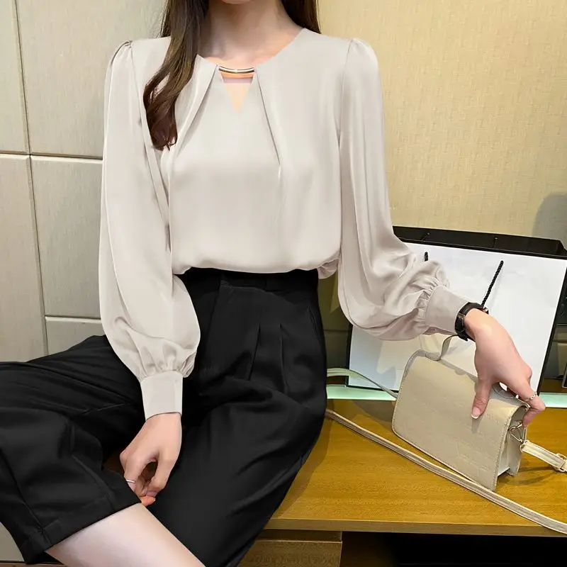 

Loose French V-Neck Long Sleeve Women's Shirt Casual Fashionable Pure Color Spring Autumn New Style Overhead Chiffon Top TT1344