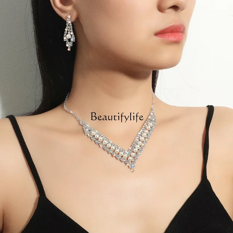 

Korean bridal jewelry, earrings, pearl chain set, dress and dinner versatile accessories