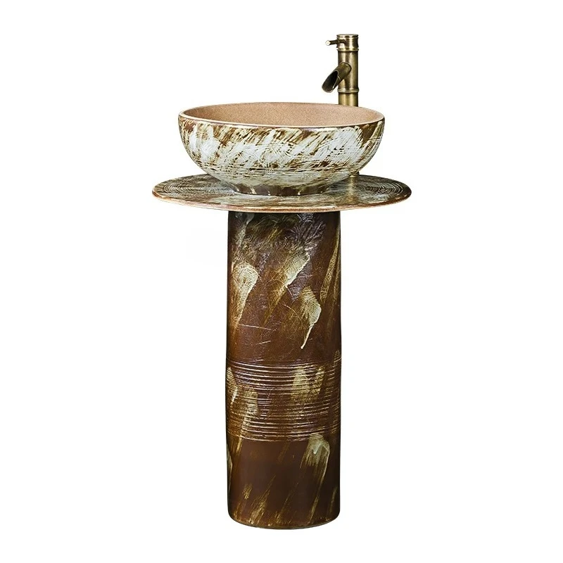 

Retro ceramic column type washbasin courtyard outdoor floor type washbasin integrated column basin