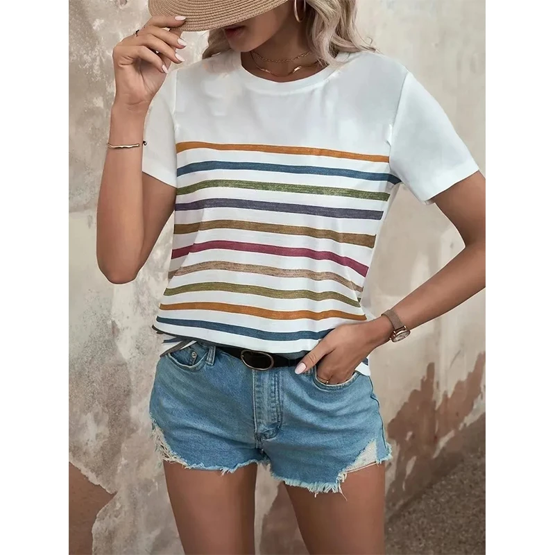 Summer Women\'s Fashion Stripe Pirnt T-Shirt Holiday Party Casual Shirt Harajuku Female Clothing Short-Sleeved Round Neck Tshirts