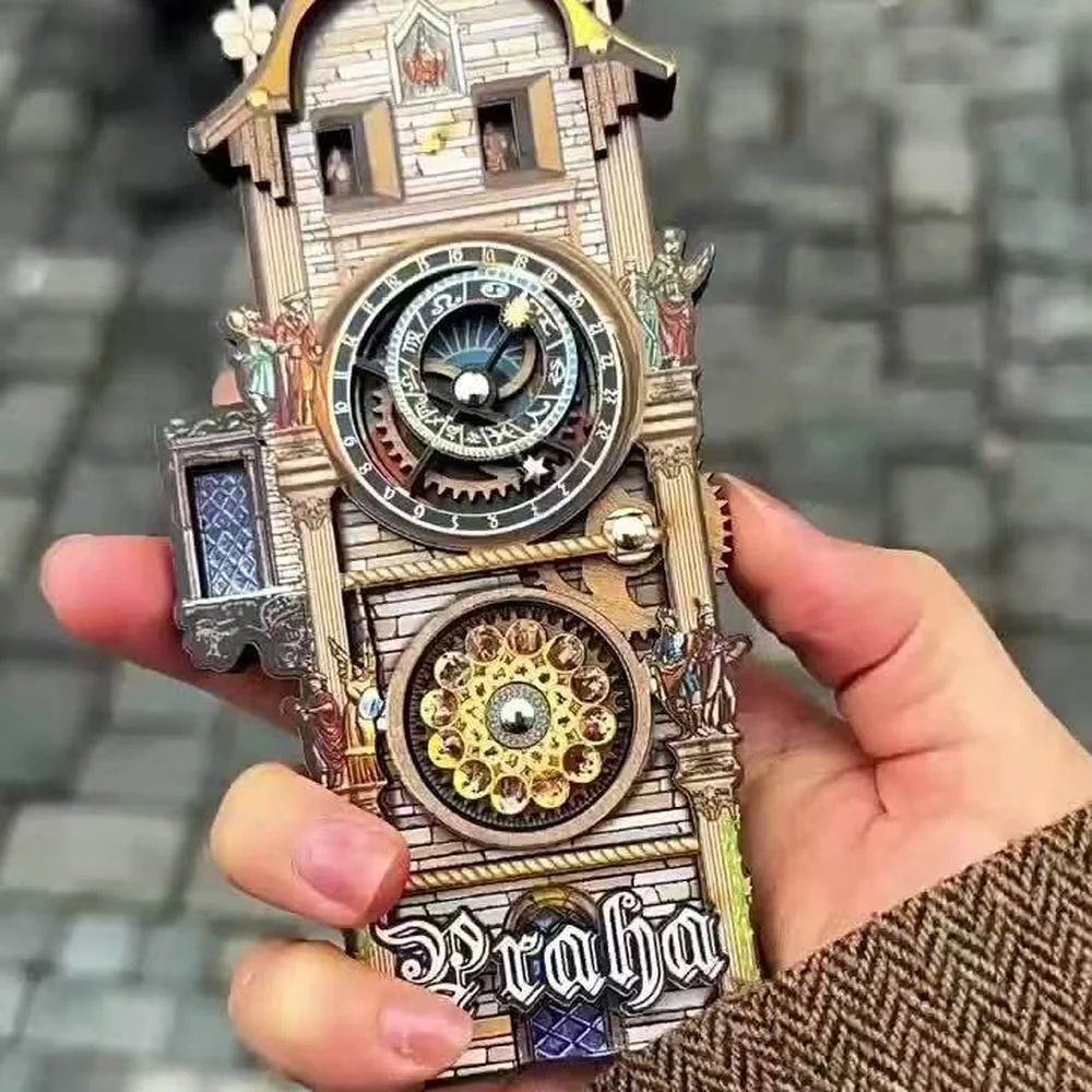 Mechanical Rotating Gear Fridge Magnet Prague Clock Design Wooden Style Ornament Decorative Sticker Unique Home Gift