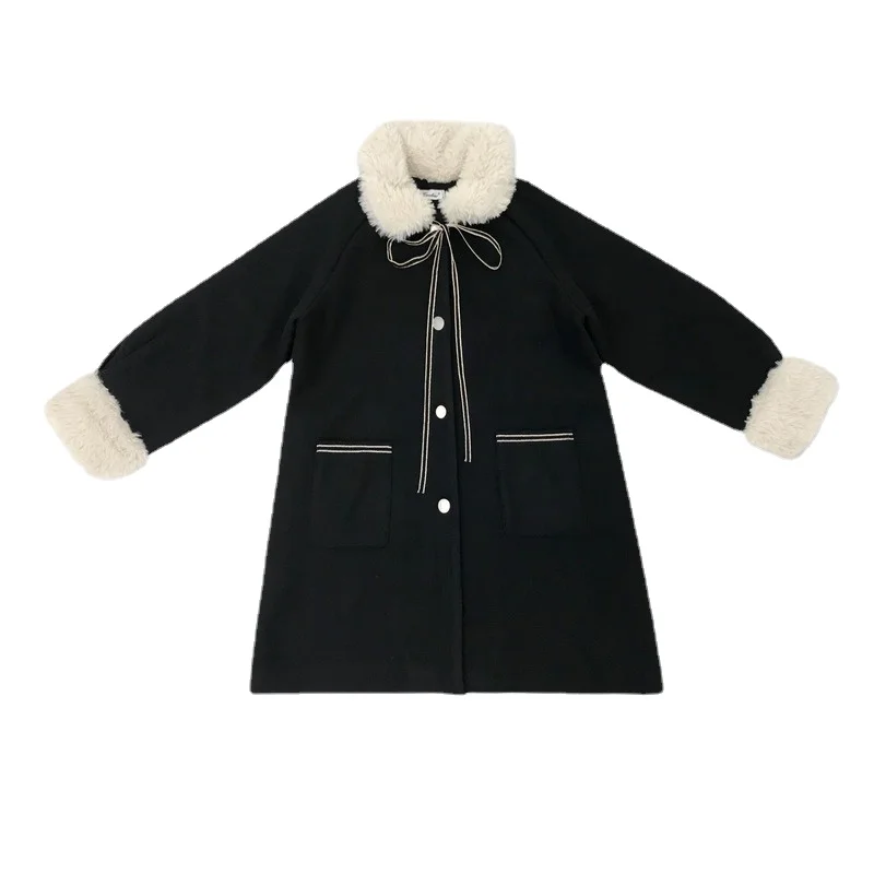 Veste en mélange de laine douce et mignonne pour femme, nœud papillon, col en fourrure, chaud, UNIS issement, manches longues, hiver, nouvelle mode, 2024 laine