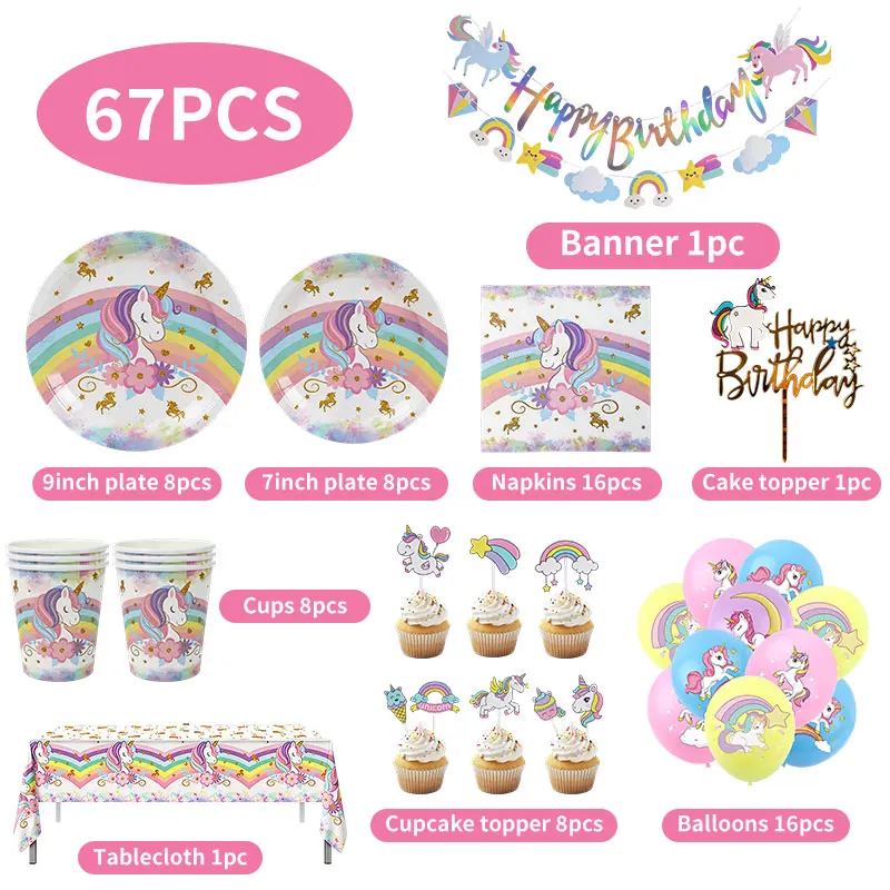 Unicorn Theme Birthday Decoration Set Rainbow Disposable Tableware Plates Cups Napkins Tablecloth Balloons Girls Party Supplies view 6