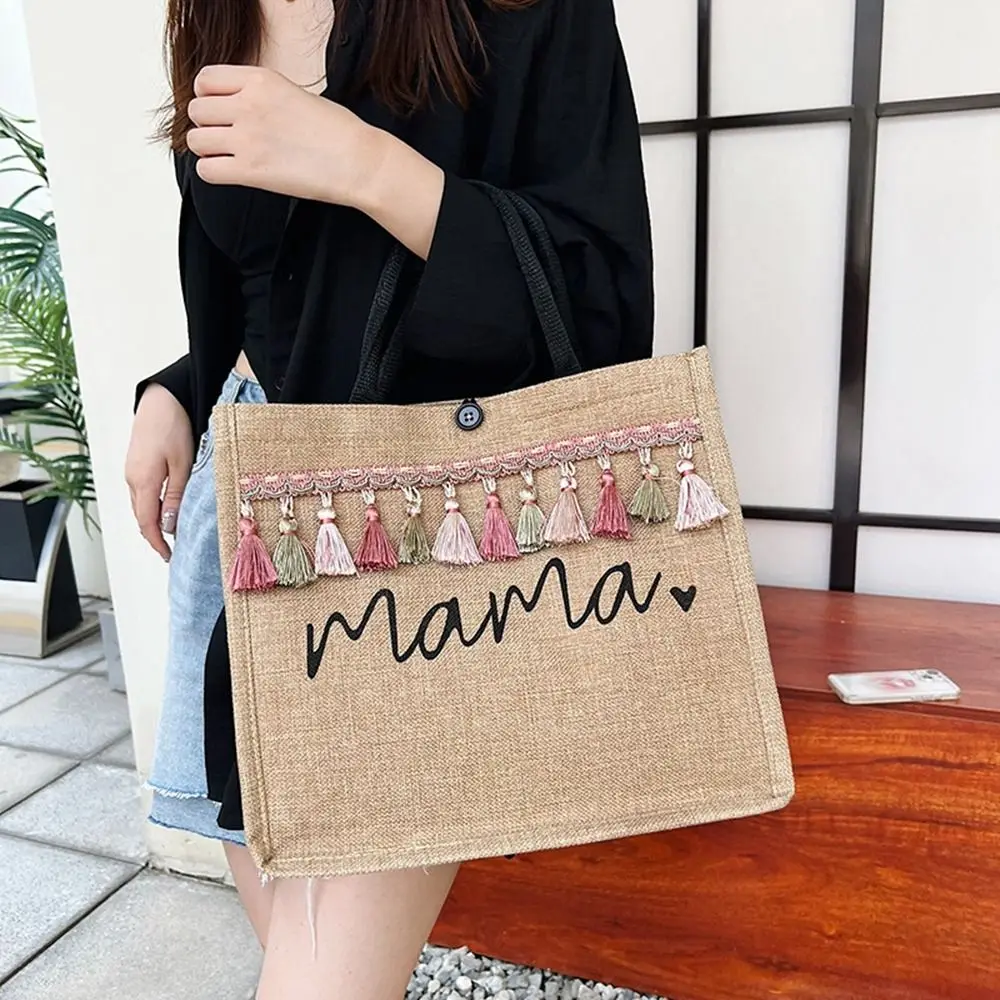 

Vintage Large Capacity Shopping Bag Linen Cosmetic Bag Women Shoulder Bags Ethnic Style Handbag Tote Bag Tassel Print Bag