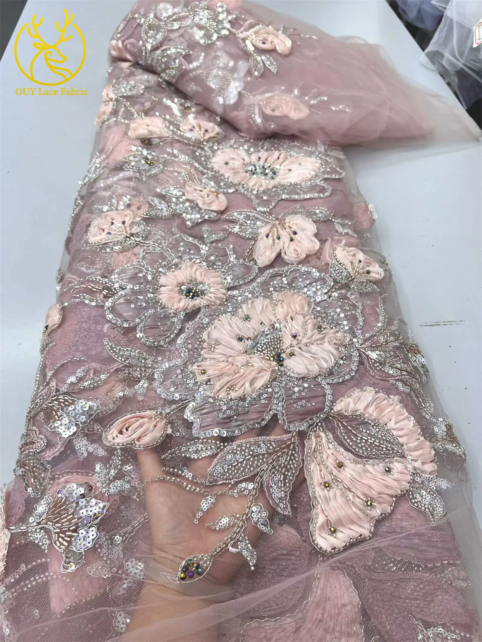 Neuer Stil Afrikanischer 3D-Stickerei-Blumen-Spitzenstoff 2026 Nigerianischer Französischer Perlen-Pailletten-Tüll-Spitzenstoff für Kleidung und Näharbeiten – Detail 12