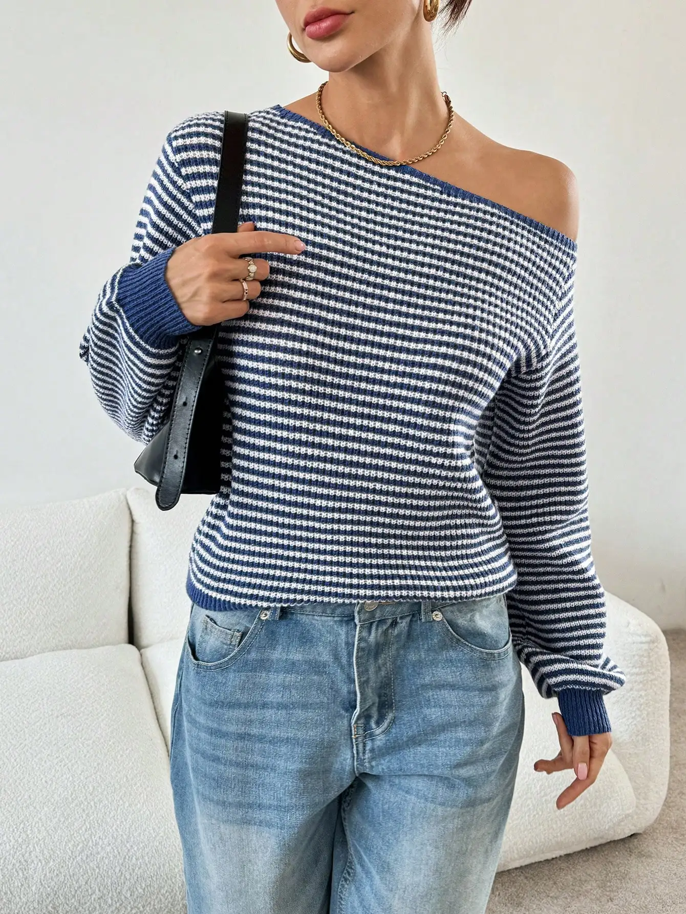 Women's Navy White Striped Off-Shoulder Knit Top Waffle Texture Long Sleeve Slim Pullover