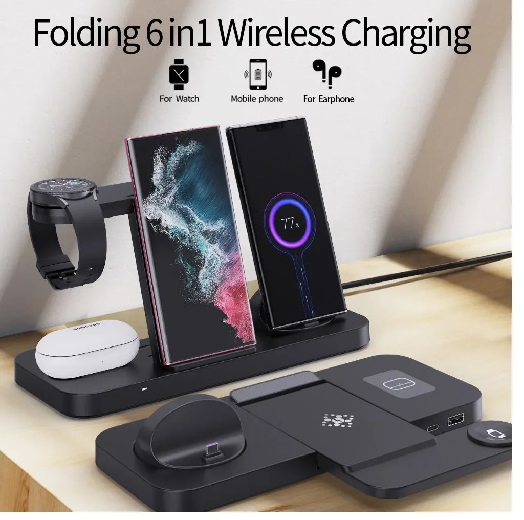 Foldable 6 in 1 Wireless Charger Stand For Samsung S22 S21 S20 S10 Note Galaxy Watch 5 4 Active Buds Fast Charging Dock Station