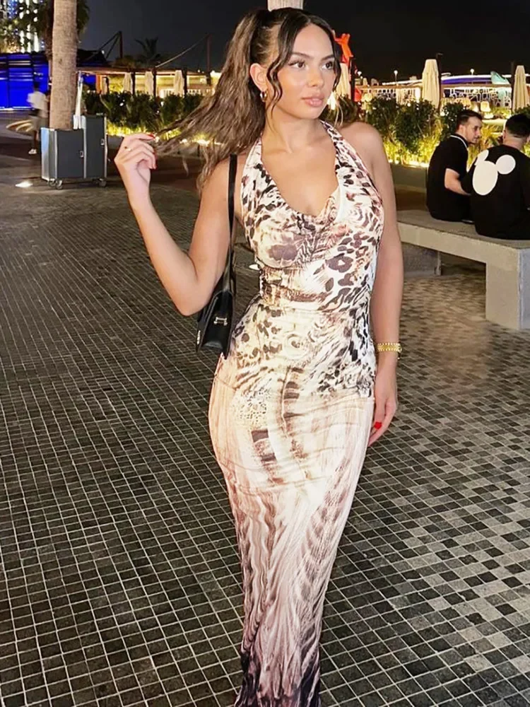 

LangMao Backless Print V-neck Lace Up Sexy Maxi Dress For Women Slim Fit Sleeveless Hollow Out Dress Vacation Outfit Autumn