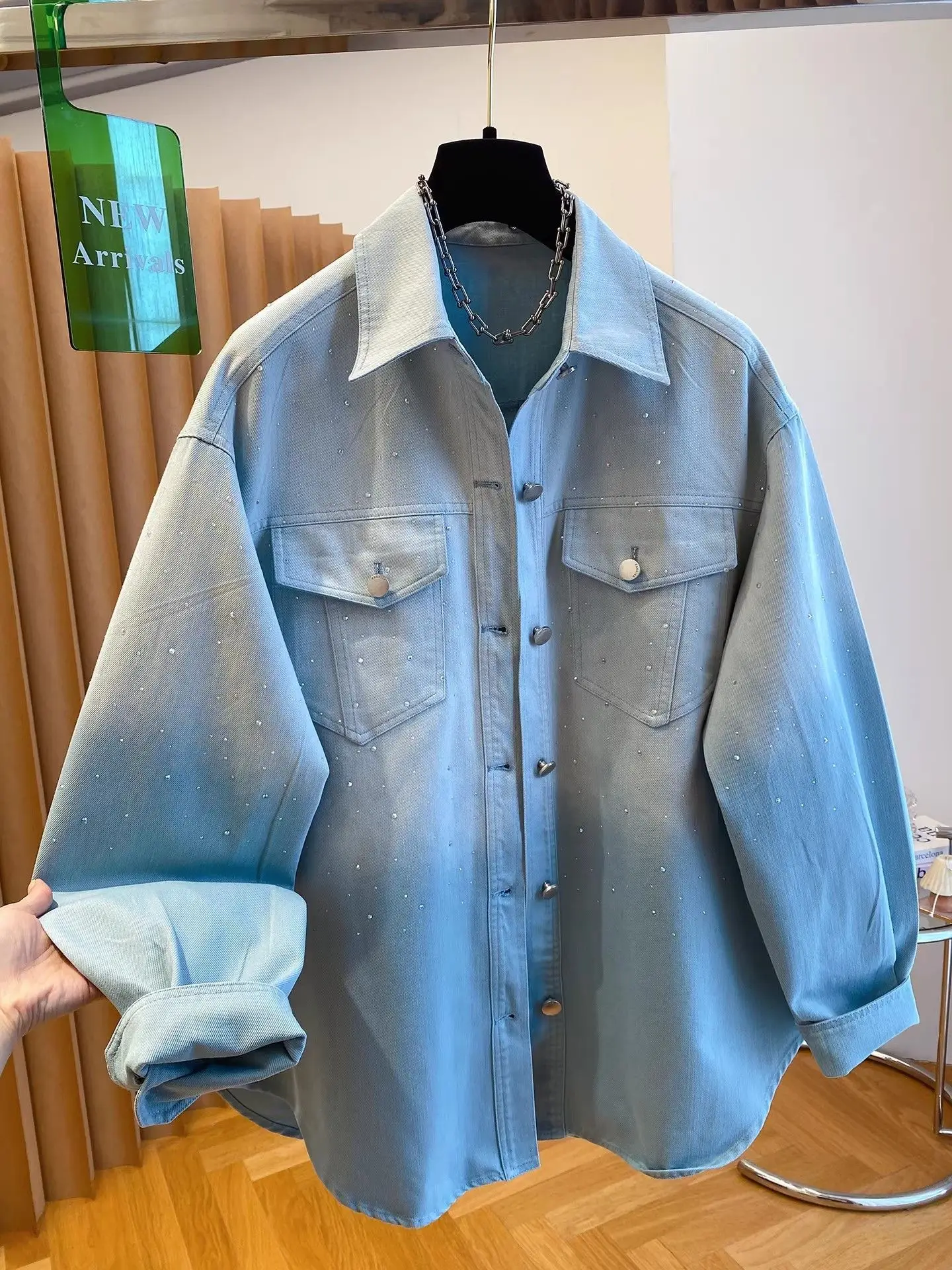 Diamonds Denim Shirts Top For Women 2026 New Gradient Color Shirt