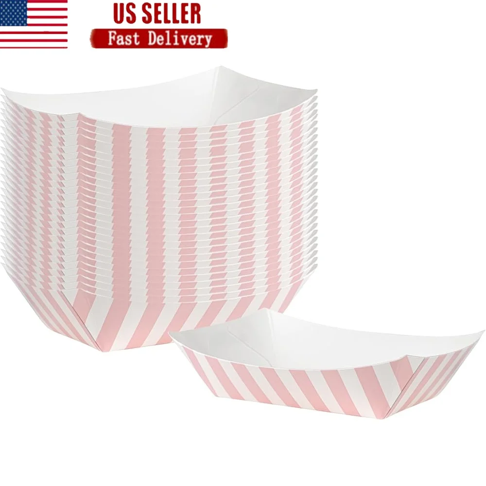 

Disposable Paper Food Trays 50 Count Greaseproof Lining Stylish Pink White Striped Design Ideal Events Parties Snacks