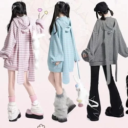 2023 Loose Stripe Rabbit Ear Knitted Hoodies Women Hooded Zip up Sweatshirts Y2k Autumn Cute Cardigan Coat Kpop Kawaii Clothes