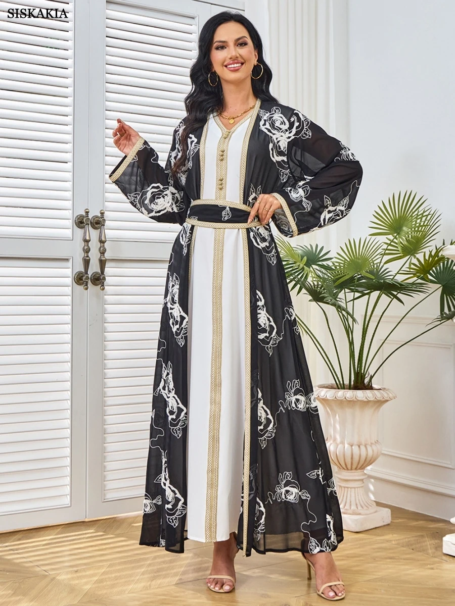 Siskakia Dubai Embroidery Long Abaya Muslim Mesh Sleeve Belted Kaftan Two-Piece Set Dress Belt included