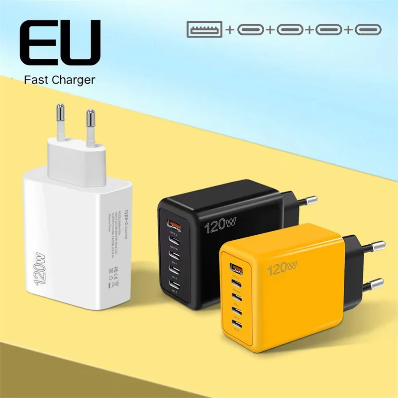 شاحن USB متعدد المنافذ بقدرة 120 وات PD، 4 منافذ PD، 1 منفذ USB، محول شحن سريع لهواتف iOS وأندرويد مع ماس كهربائى #3