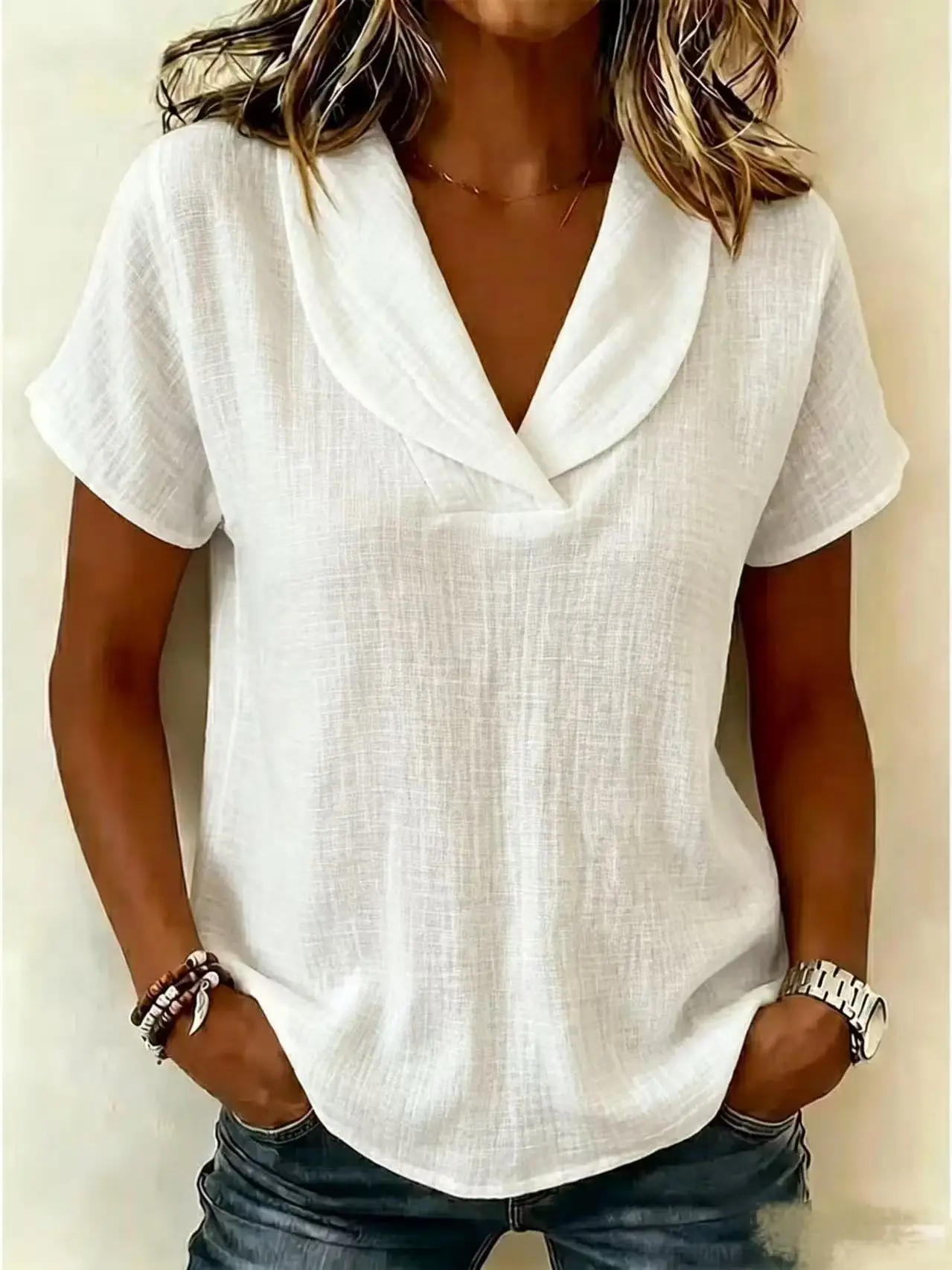 2026 Neues Sommer-Damen-Strickoberteil in Unifarbe mit Kurzarm, Schleifenkragen, Lässiges Damen-T-Shirt für Europäische & Amerikanische Märkte – Detail 3