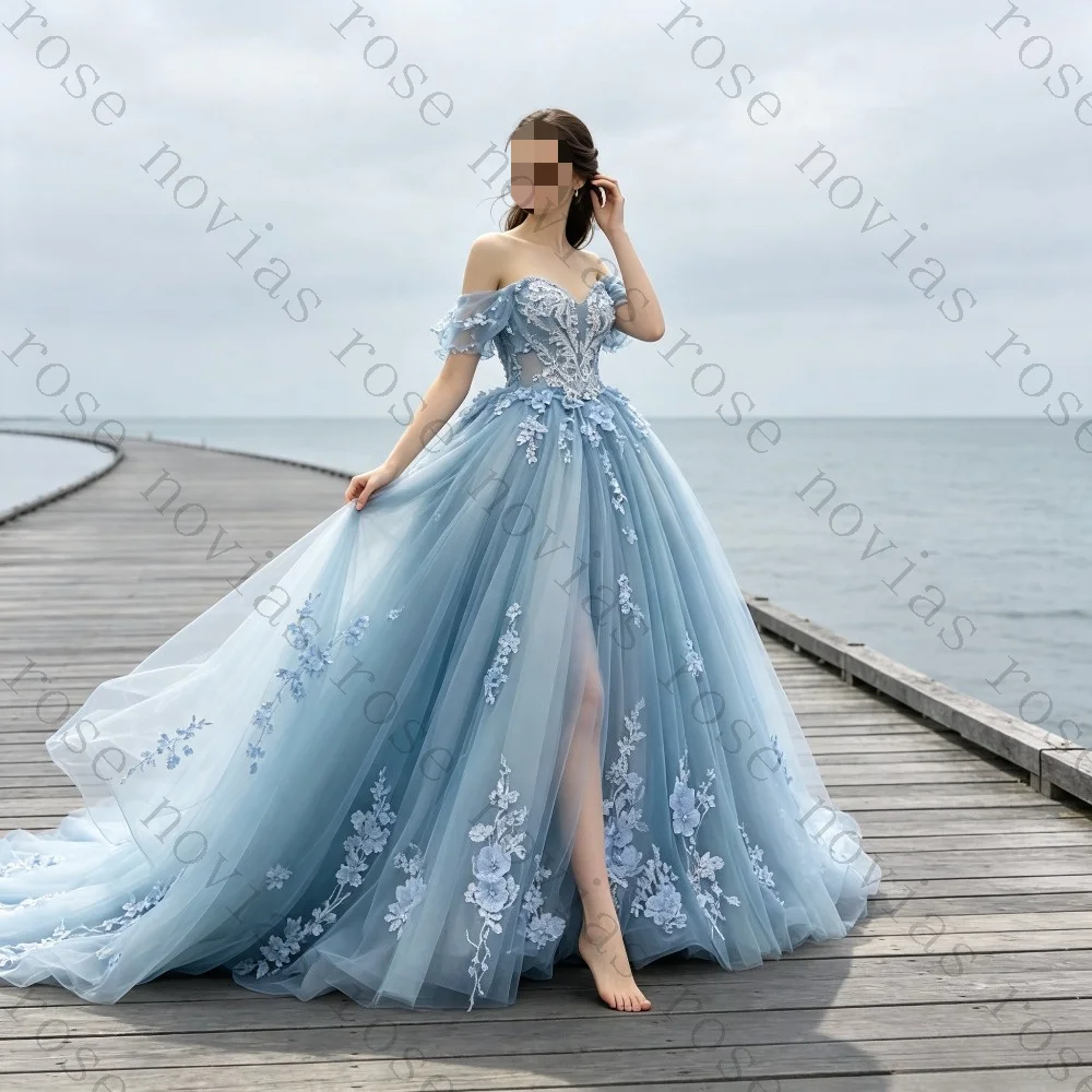 Customized Luxury Blue Off Shoulder Fluffy Princess Wedding Dress 2026 New Sweetheart Lace Applique Ruffled Chiffon Bridal Gown