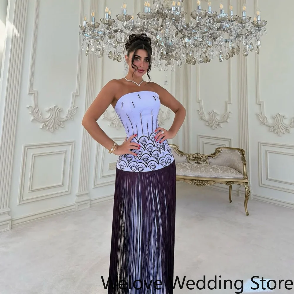 Formal Party Dress Strapless Tube Corset Bodice Intricate Silver Floral Rhinestone Embroidery Gradient Dark Long Fringe Slim