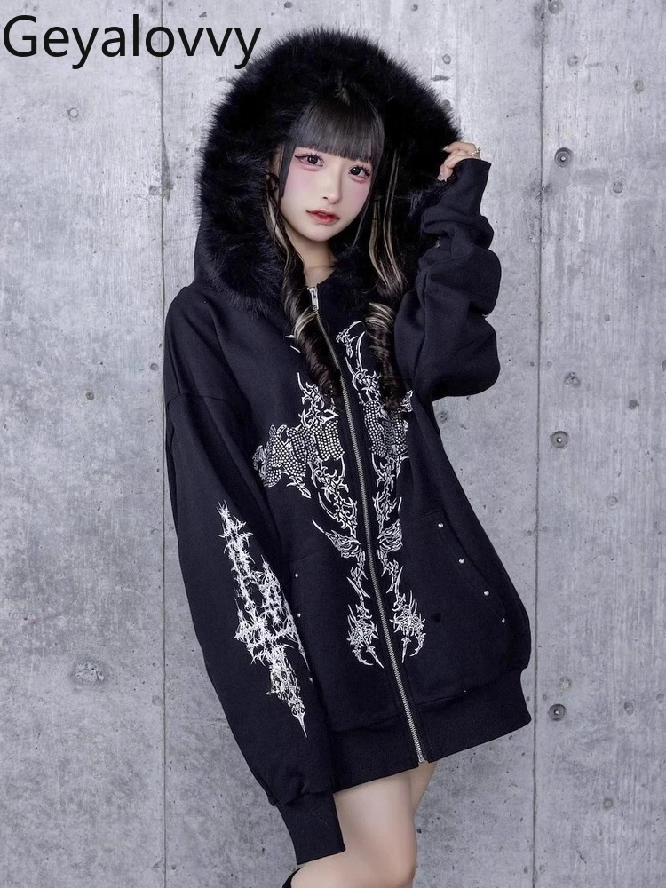 

Japanese Dark Style Fur Collar Rhinestone Black Printed Zipper Jacket Cool High Street Style Sweet Hooded Loose Sweatshirt