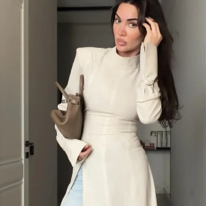 White High Neck Long Sleeve Midi Dress For Womenshoulder Pads Waist Cinched Side Split Elegant Formal Dress Evening Outfit