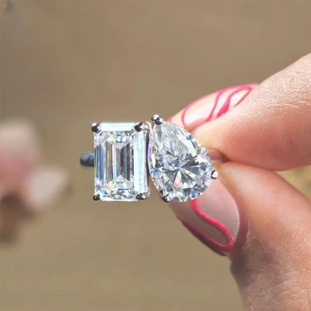 4/6cttw Emerald and Pear Moissanite Ring for Women S925 Silver Two Stone Engagement Wedding Bands Toi Et Moi Ring Gifts Jewelry