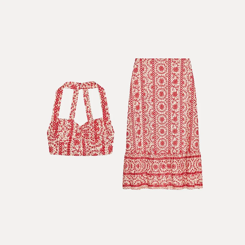 夏のレディースファッション 刺繍入り透かし彫りトップスとミディスカートのツーピースセット Vネック半袖ポリエステル繊維ロングパンツ