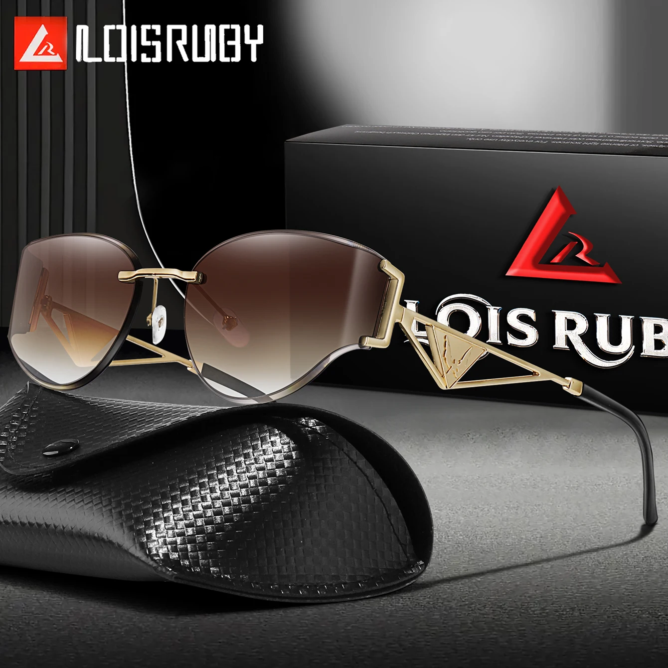 Trendige randlose gebogene Sonnenbrille mit Metallrahmen und UV-Schutz für Herren und Damen – Modische Brille für Outdoor-Aktivitäten und Wandern mit Etui