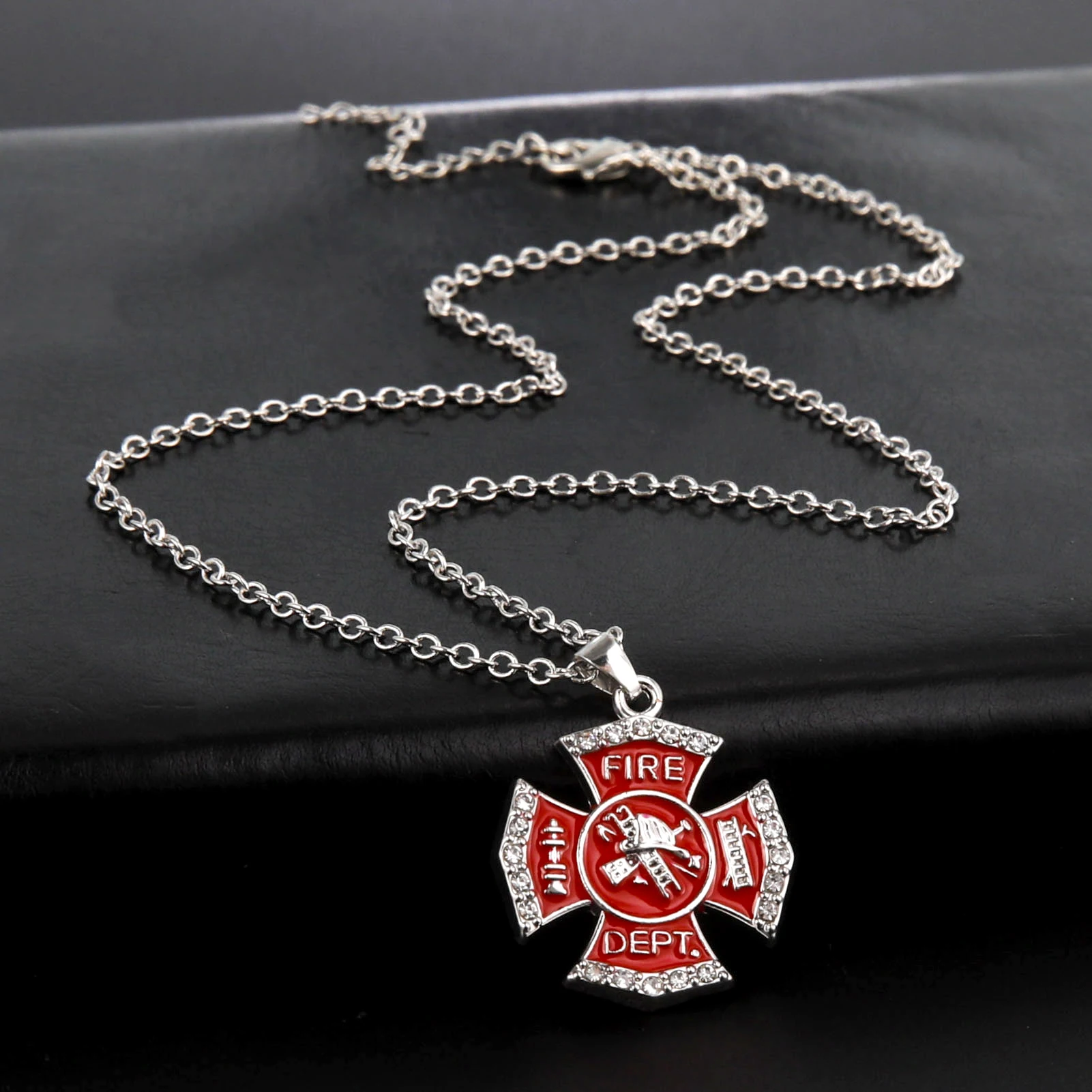 Fishhook Fire Alarm Dept Necklace Fireman Safe Life Red Chain Firefighter Sheld Gift For Man Woman Enamel Crystal Zircon Jewelry